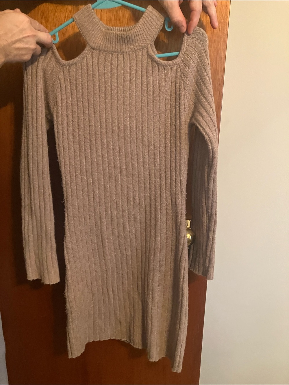 miami Ribbed Cold-Shoulder Long Sleeve Dress in Taupe